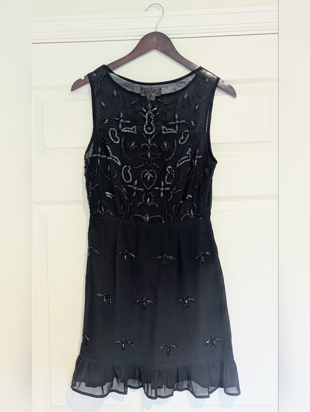 NFC 721 Black Beaded Mini Dress Small Mesh Sequin Ruffle Hem Party Cocktail - Picture 2 of 7